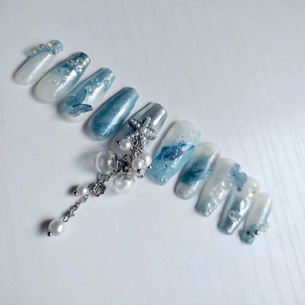 Reusable blue butterfly with pearl glitter nail handmade press on nail